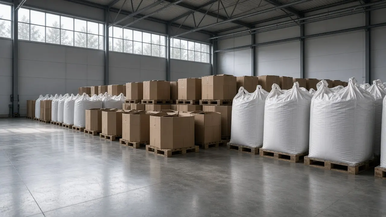 Industrial hall with containers for polymer raw materials