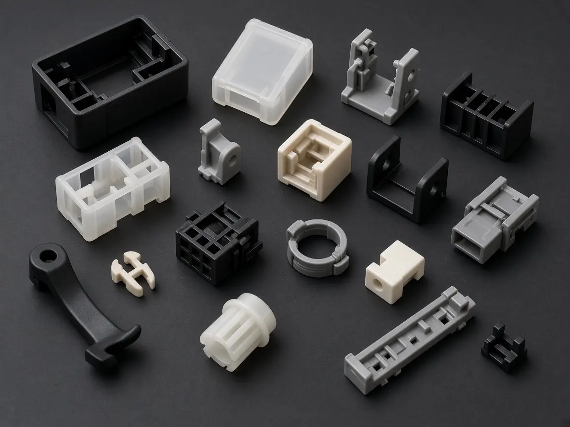 Engineering plastic parts and drawings on a desk