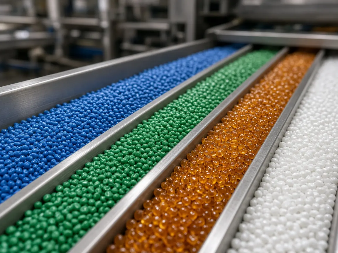 Coloured plastic granulate on a conveyor