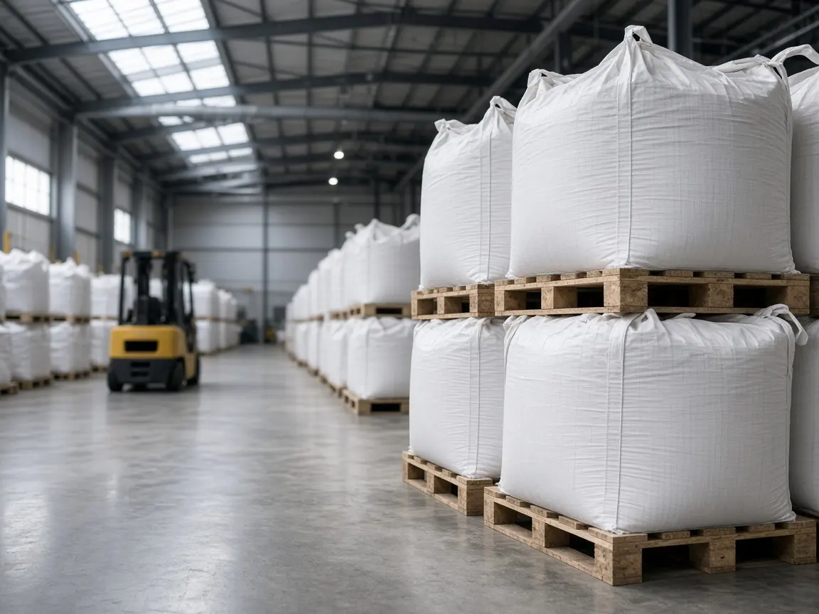 Big bags of polymer raw material in a warehouse