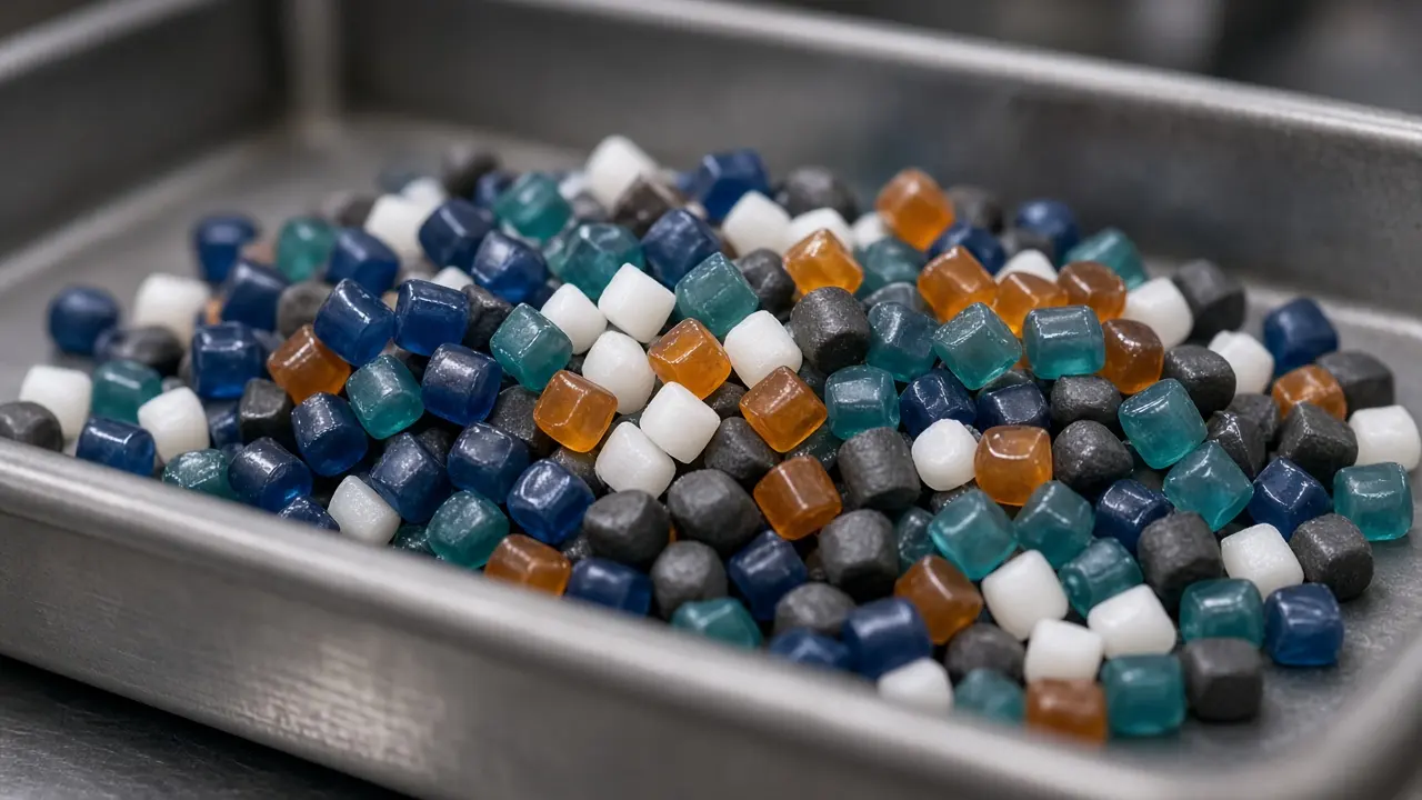 Macro photograph of coloured plastic granulate
